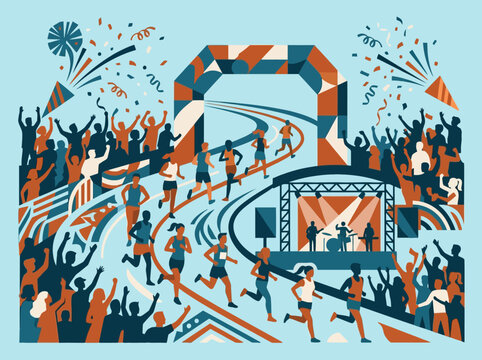 Athletes run a marathon surrounded by a cheering crowd