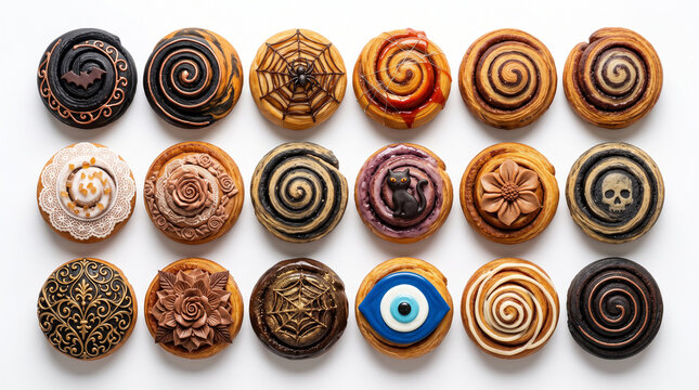 Flat lay composition of an assortment of gothic Halloween cinnamon rolls and swirl pastries featuring decorative icing designs like a spiderweb, skull, black cat, bat, and evil eye on a clean white ba
