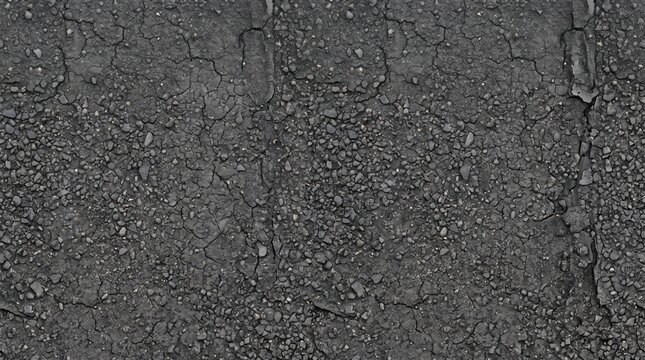 Close-up view of a cracked asphalt road surface with rough texture