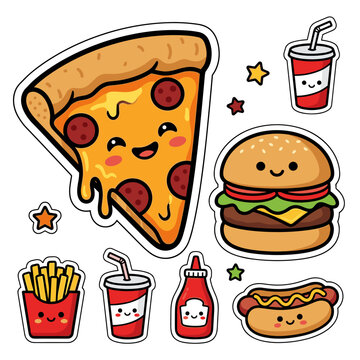 An assortment of adorable kawaii style fast food and drink items is arranged. Featured items are pizza, burger, hot dog, fries, and two drinks.