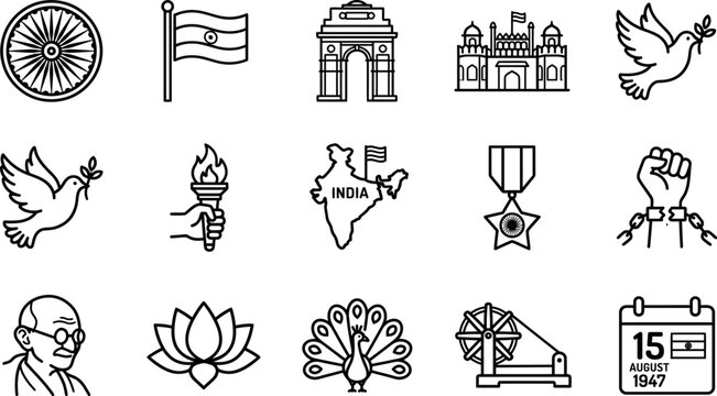 Indian independence symbols and icons set