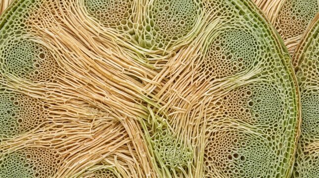 Microscopic view of plant cells with green chloroplasts and yellow cell walls