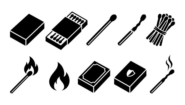 Icon Set of Black Hygiene and Cleaning Tools with Matches, Fire, Books, and Disposable Items on White Background