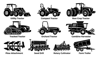 Obraz premium Tractor Farm Machinery Icons Set with Utility Compact Row Crop Tracked Orchard Seed Drill Combine Harvester Trailer