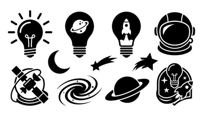 Space Exploration Icons Set with Lightbulb Ideas, Planets, Rockets, and Astronaut Silhouettes in Monochrome Vector Style © MstMomotaz
