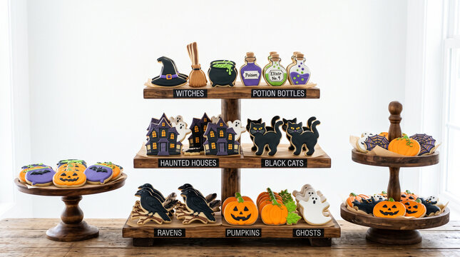 Festive Halloween dessert table mockup featuring a three-tiered wooden stand and smaller serving platters arranged with decorated sugar cookies shaped like witches, potion bottles, haunted houses, bla