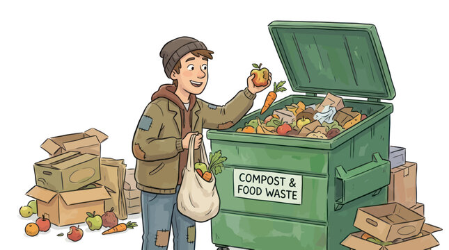 Young man salvages food from compost bin with apple and carrot