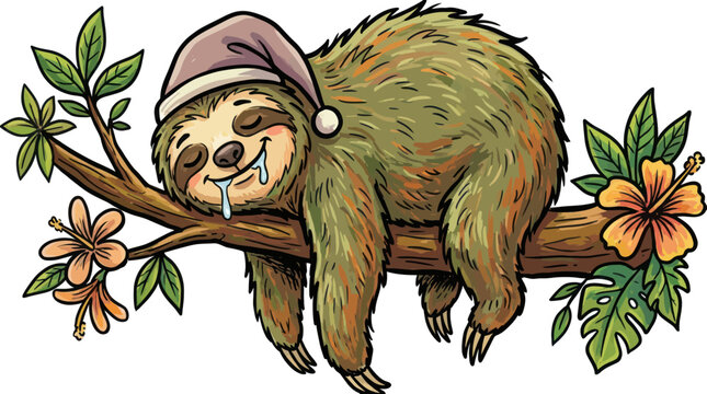 Sleeping sloth with drool wearing a nightcap on a tree branch