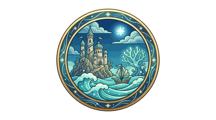 Whimsical Nautical Fantasy Castle Illustration in Circular Frame © siti