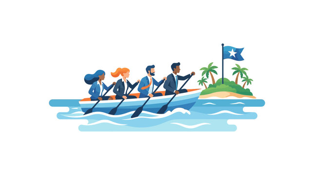 Business team rowing boat together towards tropical island goal