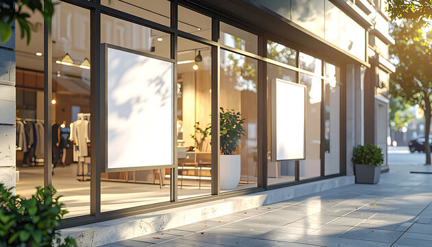 Storefront window display with blank posters, storefront in daylight, commercial advertising space, storefront facade, retail