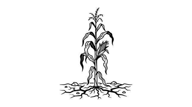Hand-drawn illustration of a corn plant growing in dry, cracked earth with exposed roots