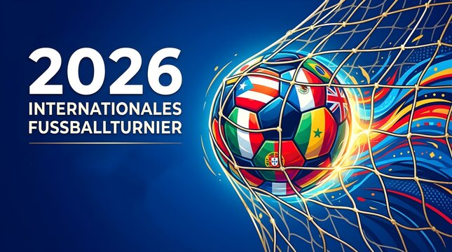 2026 Internationales Fussballturnier banner, soccer ball with world flags hitting goal net, global football championship on blue background