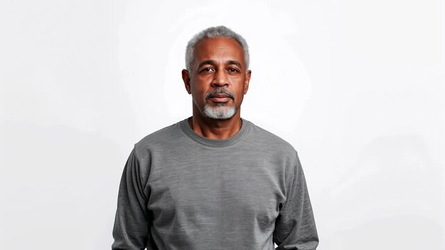 African American man with gray hair smiles and poses confidently in a gray long-sleeve shirt against a plain white background, showcasing a friendly demeanor and approachable presence