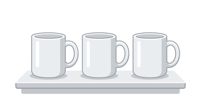 Minimalist vector illustration of three white coffee mugs on a shelf