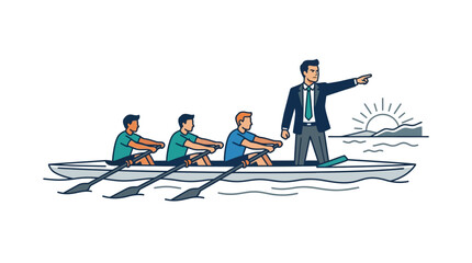 Business Leader Directing Team Rowers Towards a Goal Illustration © siti