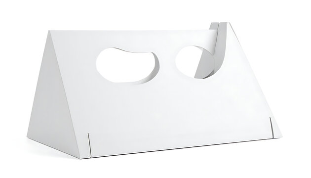 Triangular white cardboard holder with two circular cutouts for products, simple packaging mockup
