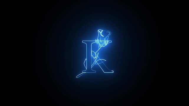 Neon blue letter K with rose flower animation on black background representing elegance and dynamic light motion