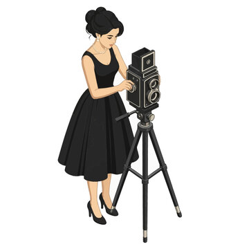 Isometric vector illustration of a woman in a black vintage 1950s cocktail dress operating a classic twin-lens reflex TLR camera on a tripod, isolated on a white background.