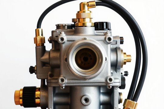 Close-up of engine carburetor with brass fittings and black throttle cables. Mechanical part for air and fuel mix. Detailed view of internal combustion engine component.