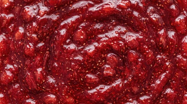 A close-up view of a swirled texture of fruit jam made from crushed red berries.