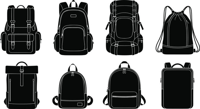Backpack silhouettes, rugged gear, minimalist bags, drawstring style, travel accessories, school packs, black icons, utility shapes, fashion designBackpack silhouettes, rugged gear,  