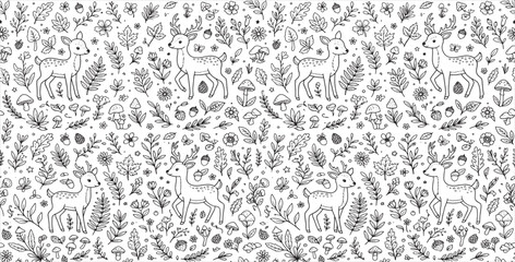 Cute Forest Deer and Woodland Botanical Line Art Seamless Pattern Background © Taslima