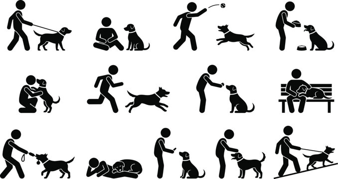 Dog training and interaction silhouette icons