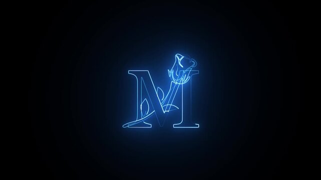 Abstract glowing blue neon letter M with rose intertwined on black background, motion graphic