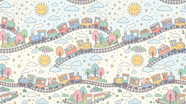 Seamless pattern of cute cartoon trains and animals on tracks