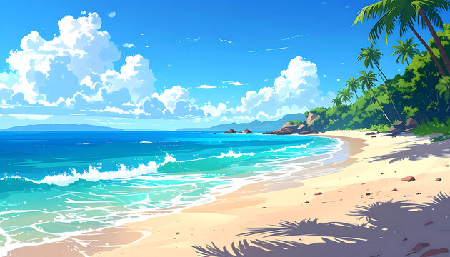 Tropical beach paradise with turquoise ocean waves, white sand, and palm trees, pixel art style, serene summer vacation scene