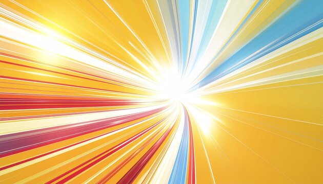 Abstract beams of light converge toward a brilliant focal point against a yellow background, accompanied by blue, white, and red motion trails that vividly evoke a sense of speed, energy, and futurist