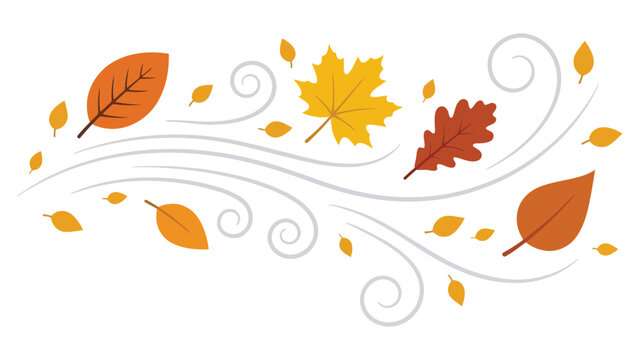 Colorful autumn leaves blowing in the wind with swirling lines and falling foliage for seasonal fall design elements