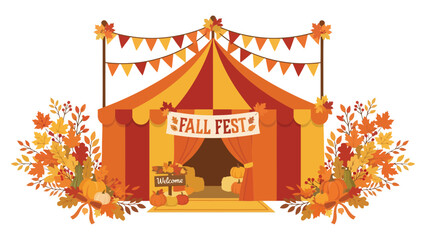 Obraz premium Colorful fall fest carnival tent decorated with autumn leaves and festive bunting flags for a seasonal harvest festival event