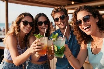 Obraz premium Four smiling friends hold cocktails at beach bar. Young people enjoy drinks in sun. Happy group celebrates summer vacation with refreshing beverages and good company.