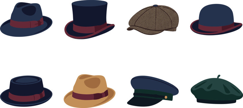 Vector set of classic vintage men hats icons including fedora top hat flat cap bowler and beret isolated on white background