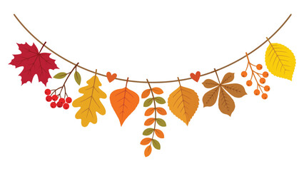 Colorful autumn leaves garland hanging on a string with berries and fall foliage for seasonal decoration and festive design © azad