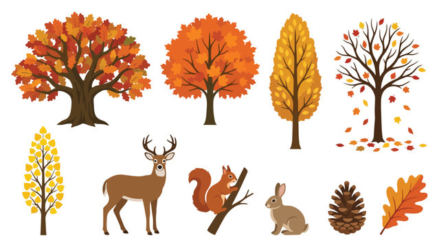 Set of colorful autumn trees with wild animals like deer squirrel and rabbit along with pine cone and fallen leaves in flat style