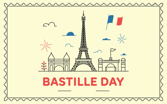 Bastille day featuring the eiffel tower and french buildings inside a postage stamp frame with a french flag and