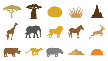 Set of wild african animals and savanna nature elements including elephant lion giraffe and trees for safari design collection © azad