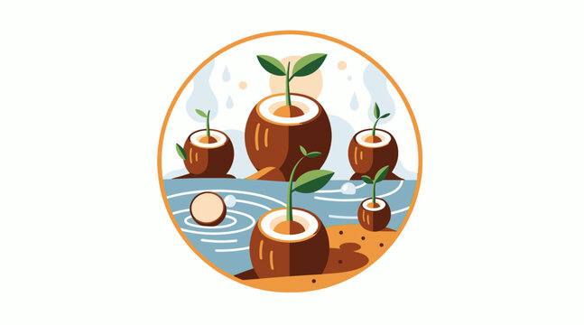 Coconut seedlings growing in halved shells by the sea.