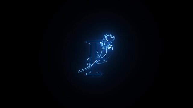 Elegant blue neon letter P combined with rose flower glowing on black background, motion graphic