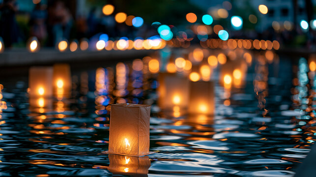 Yi Peng lantern festival night scene with glowing lanterns floating on a canal, cultural celebration travel scene with festive atmosphere, defocused night sky in background,