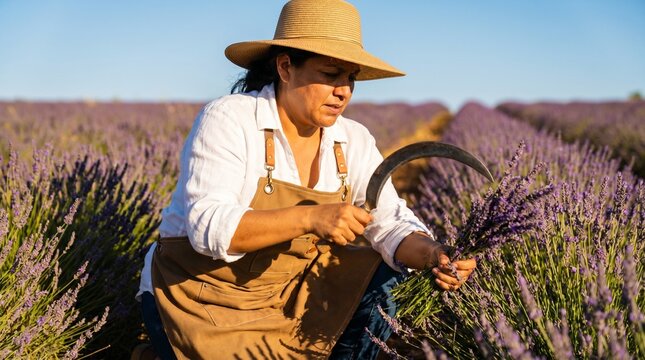 Woman harvesting lavender with sickle in sunny field.