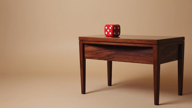 A single red die with white dots sits atop a small wooden table in a studio setting.