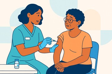 Obraz premium Nurse administering vaccine to elderly woman in medical setting, depicted in flat illustration style on light abstract science-themed background. Ai generative