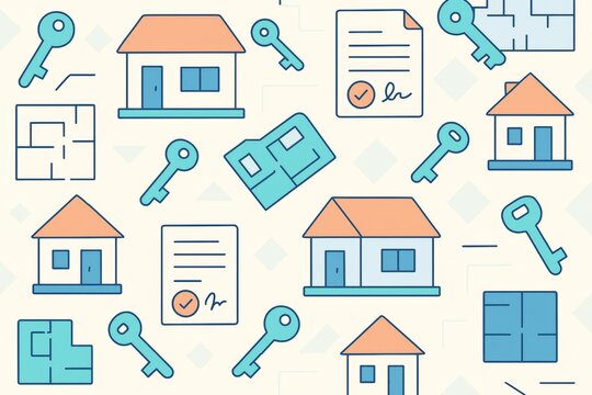 Housing concept seamless background with home, key, contract and floor plan icons in flat light style on soft backdrop. Ai generative. Ai generative