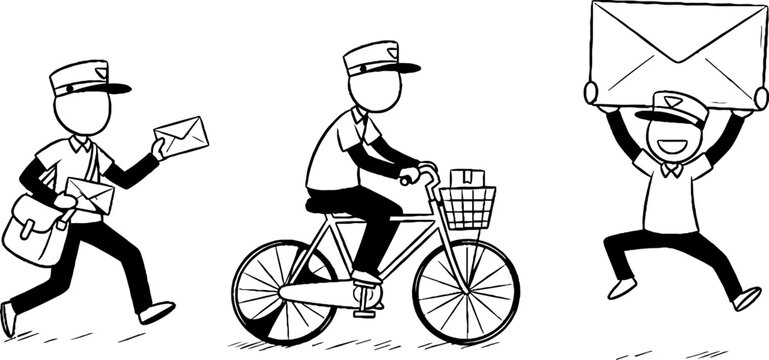 Illustrated postal workers delivering mail creatively.