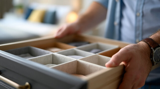 Overhead view of a man opening a dresser drawer with empty fabric organizers, practical home decluttering concept for wardrobe reset, defocused bedroom interior in background,