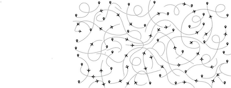 Airplane flight paths and travel route lines seamless background pattern for aviation navigation vector graphics